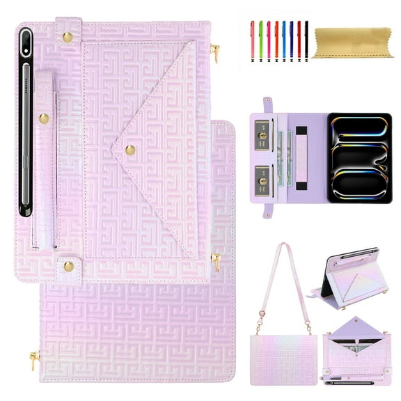 For Samsung Galaxy Tab S11 Ultra Wallet Case,With Shoulder Strap&Hand Strap With Elastic,[Stylus Slots&Envelope Pocket,Card Slots],Flip Folio Stand PU Leather Shockproof Cover,Purple