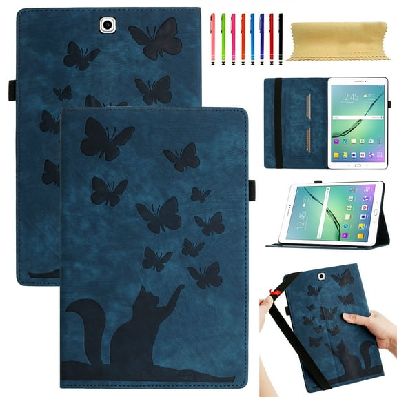 for Samsung Galaxy Tab S2 9.7" 2015 SM-T810 / SM-T813 / SM-T815 / SM-T819 Adjustable Kickstand Case, Lovely Pattern PU Leather + Soft Inner Case Flip Folio Cover with Pen Holder & Card Slots, Darkblue