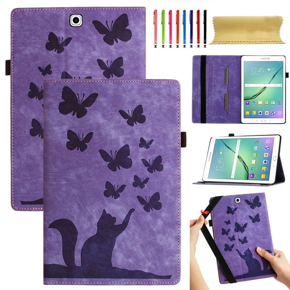 for Samsung Galaxy Tab S2 9.7" 2015 SM-T810 / SM-T813 / SM-T815 / SM-T819 Adjustable Kickstand Case, Lovely Pattern PU Leather + Soft Inner Case Flip Folio Cover with Pen Holder & Card Slots, Purple