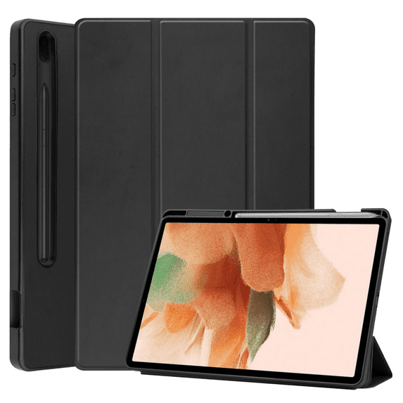 For Samsung Galaxy Tab S7 FE lite T730/T736 12.4 Inch, Shock Resistant Full Body Tri-Fold Stand TPU Back Cover Case with Pen Holder Slot/Auto Wake, Black