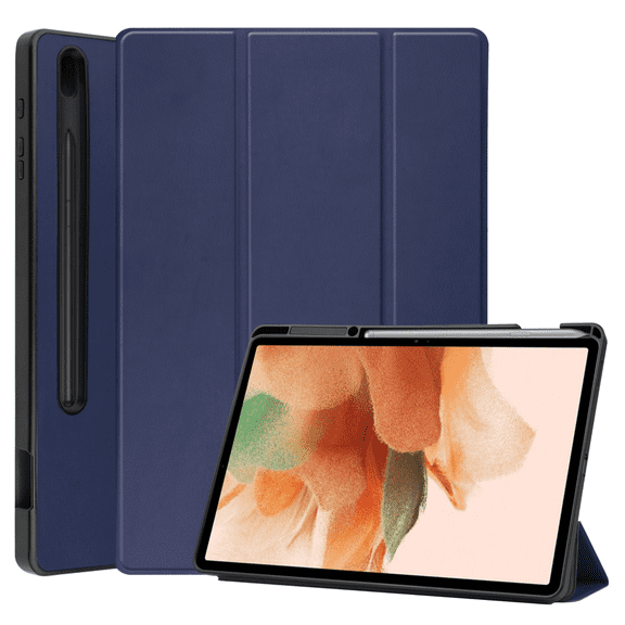 For Samsung Galaxy Tab S7 FE lite T730/T736 12.4 Inch, Shock Resistant Full Body Tri-Fold Stand TPU Back Cover Case with Pen Holder Slot/Auto Wake, Dark Blue