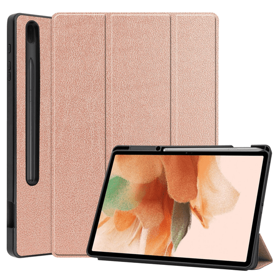 For Samsung Galaxy Tab S7 FE lite T730/T736 12.4 Inch, Shock Resistant Full Body Tri-Fold Stand TPU Back Cover Case with Pen Holder Slot/Auto Wake, Rose Gold