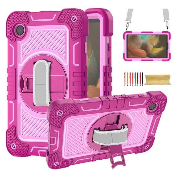 for Samsung Galaxy Tab S8 Plus 2022/S7 FE 2021/S7 Plus 2020 12.4 Inch,360 Degree Rotation Kickstand Handle Wrist Strap Armor Heavy Duty Rugged Cover with Adjustable Shoulder Strap,Rose+Pink