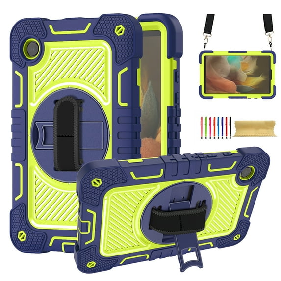 for Samsung Galaxy Tab S8 Plus 2022/S7 FE 2021/S7 Plus 2020 12.4 Inch,360 Degree Rotation Kickstand Handle Wrist Strap Armor Heavy Duty Rugged Cover with Adjustable Shoulder Strap,Navy+Green