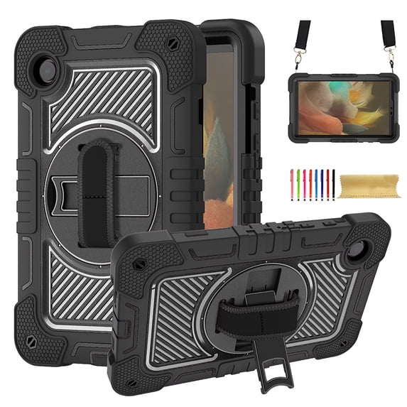 for Samsung Galaxy Tab S8 Plus 2022/S7 FE 2021/S7 Plus 2020 12.4 Inch,360 Degree Rotation Kickstand Handle Wrist Strap Armor Heavy Duty Rugged Cover with Adjustable Shoulder Strap,Black