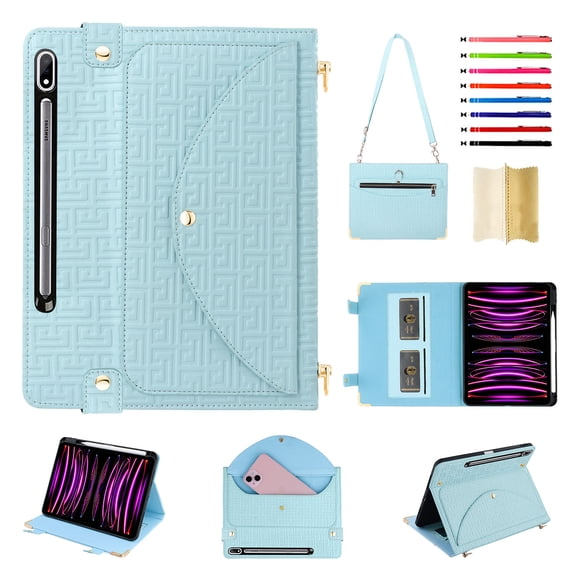 for Samsung Galaxy Tab S8 Ultra/S9 Ultra/S10 Ultra Case, Protective Folio Case with Card Slots&Zipper Pocket&Pencil Holder, Built-in Stand Wallet Function, PU Leather Portable Crossbody Strap, Blue