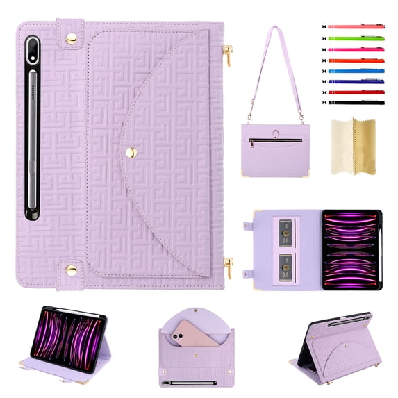 for Samsung Galaxy Tab S8 Ultra/S9 Ultra/S10 Ultra Case, Protective Folio Case with Card Slots&Zipper Pocket&Pencil Holder, Built-in Stand Wallet Function, PU Leather Portable Crossbody Strap, Purple