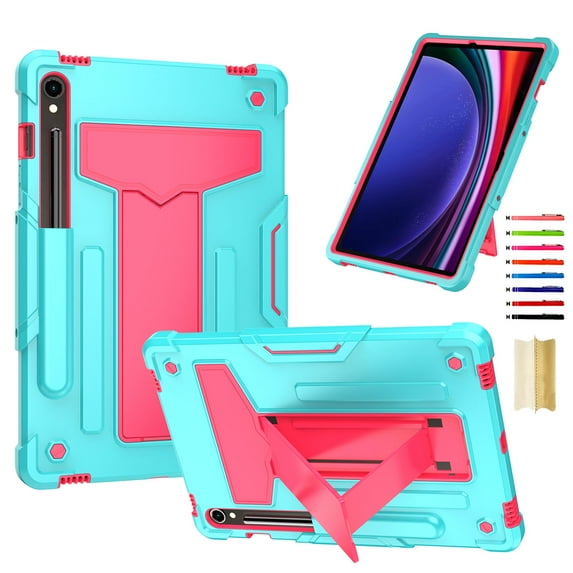 for Samsung Galaxy Tab S9 11.0" 2023 Case with Pencil Holder & Kickstand, Shockproof Drop Proof Kids Friendly Rugged Full Body Protective Cover for Tab S9 FE 10.9" 2023, Mint+Rose