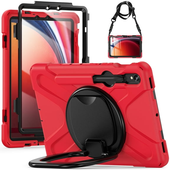 for Samsung Galaxy Tab S9 11.0" 2023, Rugged Kids Friendly Silicone Case with Folding Stand / Handle Grip Pencil Holder with Shoulder Strap for Tab S9 FE 10.9" 2023 - Red