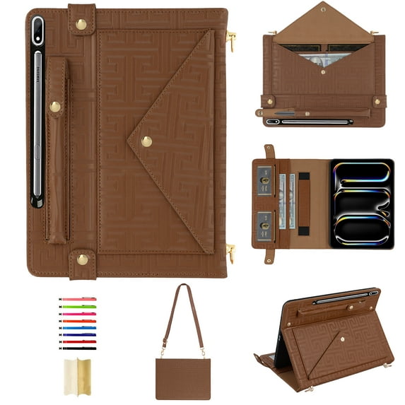 for Samsung Galaxy Tab S9 FE Plus Crossbody Tablet Case with Card Slots & Stand & Shoulder Strap & Wristband & Pencil Slot, Vintage Labyrinth Pattern Wallet Cover for Galaxy Tab S10+/S9+, Brown