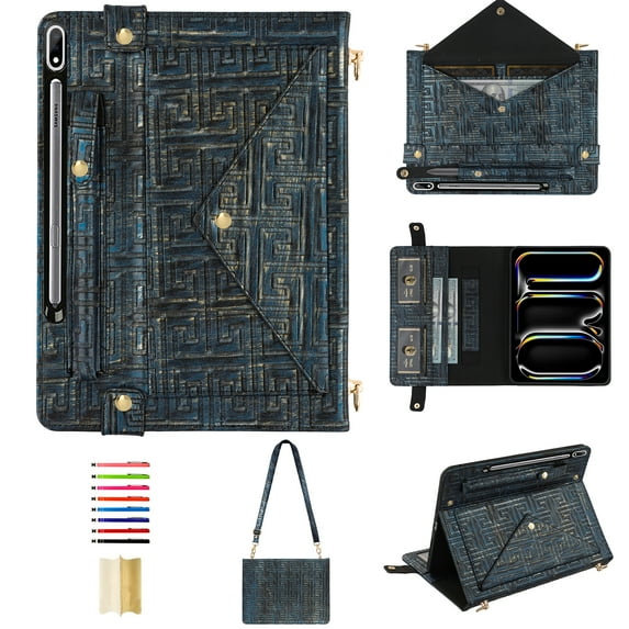 for Samsung Galaxy Tab S9 FE Plus Crossbody Tablet Case with Card Slots & Stand & Shoulder Strap & Wristband & Pencil Slot, Vintage Labyrinth Pattern Wallet Cover for Galaxy Tab S10+/S9+, Blue