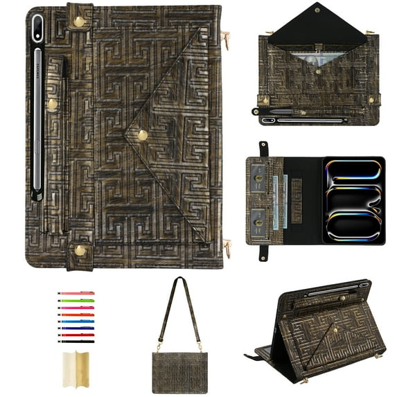 for Samsung Galaxy Tab S9 FE Plus Crossbody Tablet Case with Card Slots & Stand & Shoulder Strap & Wristband & Pencil Slot, Vintage Labyrinth Pattern Wallet Cover for Galaxy Tab S10+/S9+, Silvergold