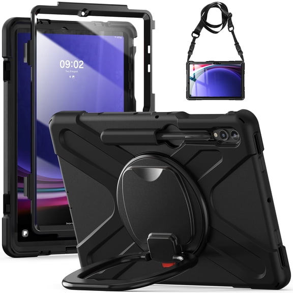for Samsung Galaxy Tab S9 FE Plus/S9 Plus/S8 Plus/S7 Plus/S7 FE, Rugged Kids Friendly Silicone Case with Folding Stand / Handle Grip Pencil Holder with Shoulder Strap - Black