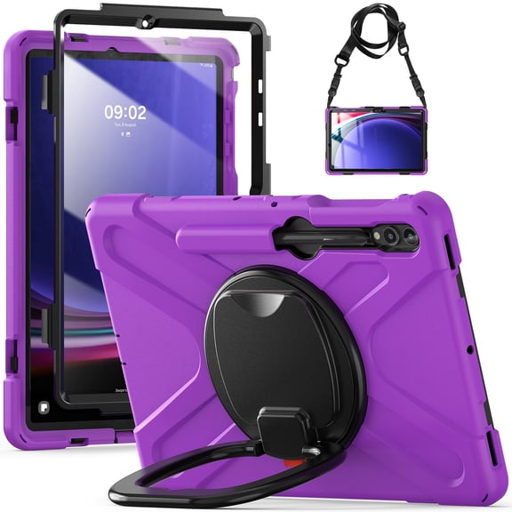 for Samsung Galaxy Tab S9 FE Plus/S9 Plus/S8 Plus/S7 Plus/S7 FE, Rugged Kids Friendly Silicone Case with Folding Stand / Handle Grip Pencil Holder with Shoulder Strap - Purple