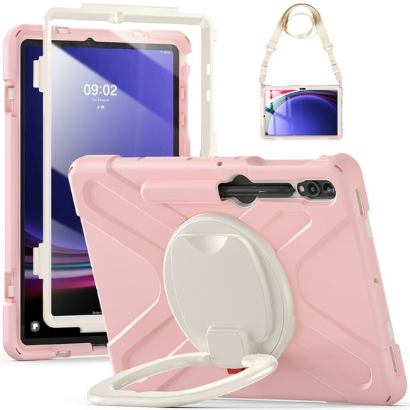 for Samsung Galaxy Tab S9 FE Plus/S9 Plus/S8 Plus/S7 Plus/S7 FE, Rugged Kids Friendly Silicone Case with Folding Stand / Handle Grip Pencil Holder with Shoulder Strap - Cherryblossomspink