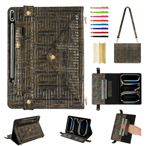 for Samsung Galaxy Tab S9 FE+/S9+/S10+ Case, Handbag Design PU Leather Stand Cover with Elastic Hand Strap and Detachable Adjustable Shoulder Strap, Pencil Holder, Document Card Pocket, Silvergold