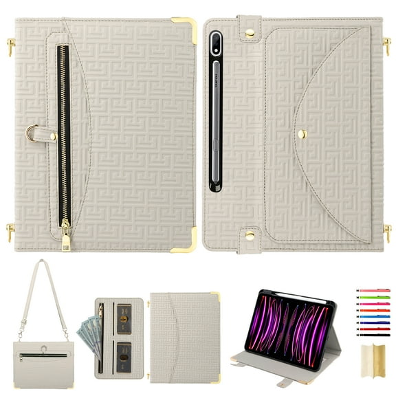 for Samsung Galaxy Tab S9 Plus/S8 Plus/S7 Plus/S7 FE Crossbody Case, PU Leather Flip Cover with Card Holder Zipper Pocket Flip Stand Shoulder Strap Pencil Slot, Envelope Design Tablet Case, Beige