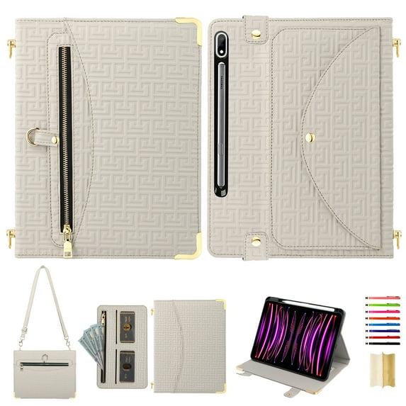 for Samsung Galaxy Tab S9 Plus/S8 Plus/S7 Plus/S7 FE Crossbody Case, PU Leather Flip Cover with Card Holder Zipper Pocket Flip Stand Shoulder Strap Pencil Slot, Envelope Design Tablet Case, Beige