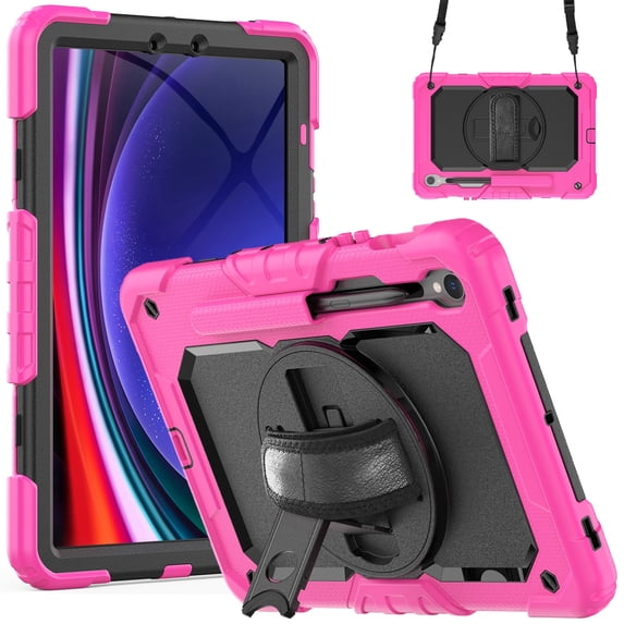 for Samsung Galaxy Tab S9 Plus / S9 FE Plus / S10 Plus Case 12.4 inch X610/X616B/X810/X816/X820, With Build in Screen Protector Heavy Duty Rugged Stand Shockproof Shoulder Strap,Rose + Black