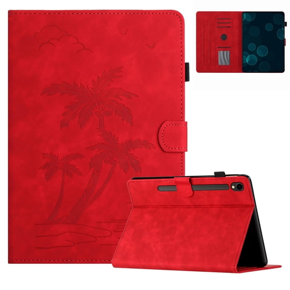 for Samsung Galaxy Tab S9/S8/S7 Smart Auto Sleep/Wake Cover with Pencil Holder, Tree Pattern PU Leather Card/Stylus Holder Folding Stand Anti-Scratch Cover for Tab S9/S8/S7, Red