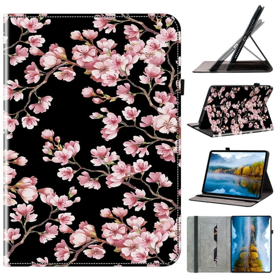 for Samsung Galaxy Tab S9/S8/S7 Wallet Case, Flower Pattern PU Leather Card Slots Pencil Slot Elastic Strap Adjustable Angles Kickstand Durable Folio Flip Case Cover, Plum Blossom