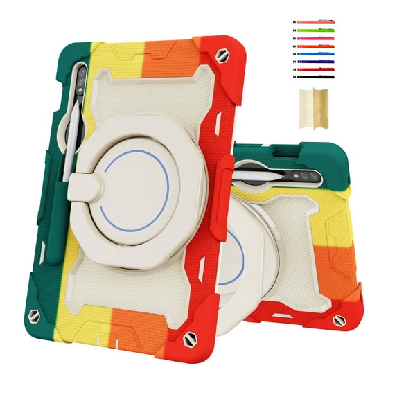 for Samsung Galaxy Tab S9/S9 FE, 3 in 1 Rugged Cover with Pencil Holder Handle Grip 360 Rotating Kickstand Case Kids for Samsung Galaxy Tab S9/S9 FE, Rainbow Red
