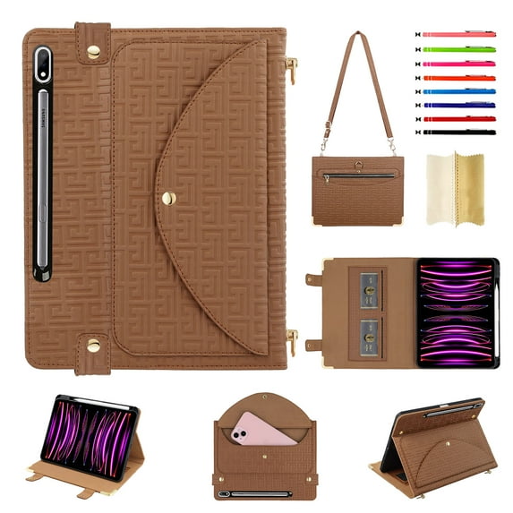 for Samsung Galaxy Tab S9/S9 FE/S8 Case, Protective Folio Case with Card Slots & Zipper Pocket & Pencil Holder, Built-in Stand Wallet Function, PU Leather Portable Crossbody Strap Cover, Brown