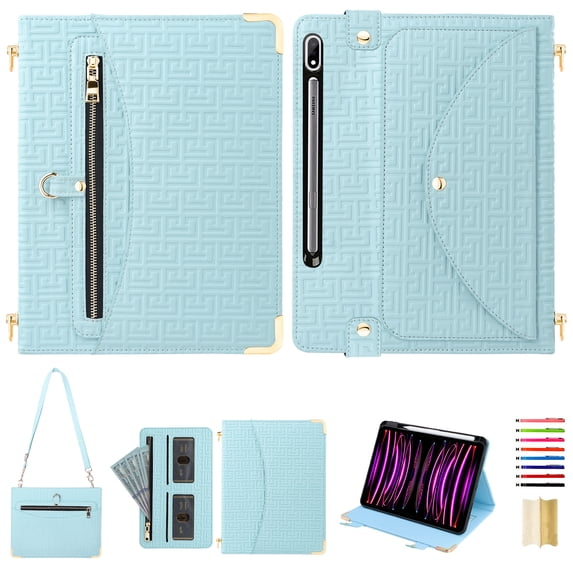 for Samsung Galaxy Tab S9 / S9 FE / S8 Crossbody Case, PU Leather Flip Cover with Card Holder Zipper Pocket Flip Stand Shoulder Strap Pencil Slot, Envelope Design Tablet Case, Blue