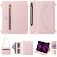 thumbnail image 1 of for Samsung Galaxy Tab S9 / S9 FE / S8 Crossbody Case, PU Leather Flip Cover with Card Holder Zipper Pocket Flip Stand Shoulder Strap Pencil Slot, Envelope Design Tablet Case, Pink, 1 of 13