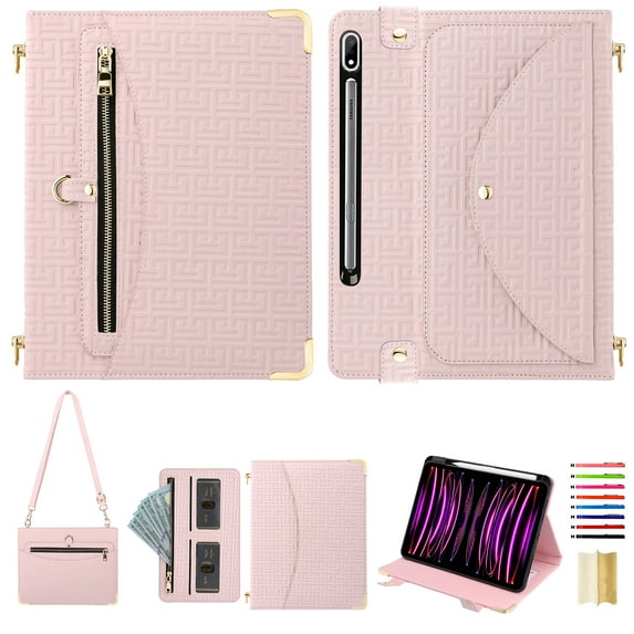 for Samsung Galaxy Tab S9 / S9 FE / S8 Crossbody Case, PU Leather Flip Cover with Card Holder Zipper Pocket Flip Stand Shoulder Strap Pencil Slot, Envelope Design Tablet Case, Pink