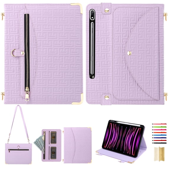 for Samsung Galaxy Tab S9 / S9 FE / S8 Crossbody Case, PU Leather Flip Cover with Card Holder Zipper Pocket Flip Stand Shoulder Strap Pencil Slot, Envelope Design Tablet Case, Purple