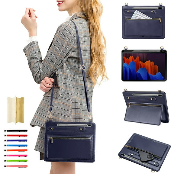 for Samsung Galaxy Tab S9/S9 FE/S8/S7 Envelope Wallet Back Case, Premium PU Leather Zipper Pocket Kickstand with Shoulder Strap & Hand Strap Cover for Samsung Galaxy Tab S9/S9 FE/S8/S7 - Darkblue