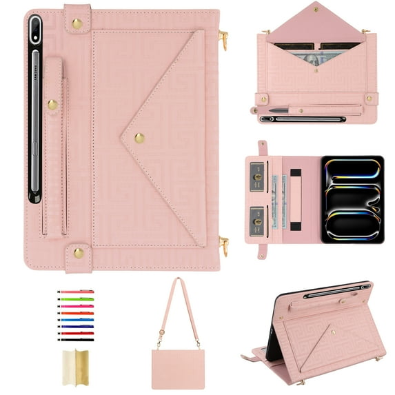for Samsung Galaxy Tab S9 Ultra/X910/Tab S8 Ultra 2022/Tab S10 Ultra Crossbody Case with Card Slots & Stand & Shoulder Strap & Wristband & Pencil Slot, Vintage Labyrinth Pattern Wallet Cover, Pink