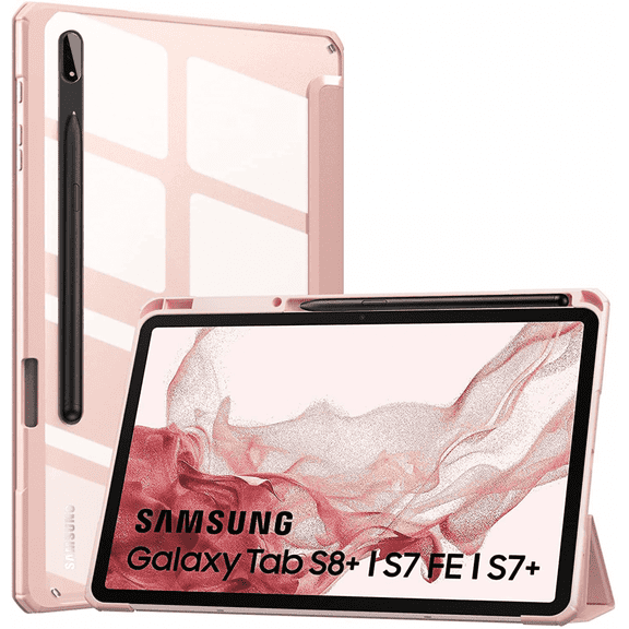 XIHAMA Hybrid Slim Case Compatible for Samsung Galaxy Tab S8 Plus 2022/S7 FE 2021/S7 Plus 2020 12.4 Inch with S Pen Holder, Shockproof Cover with Clear Transparent Back Shell, Auto Wake/Sleep, Pink