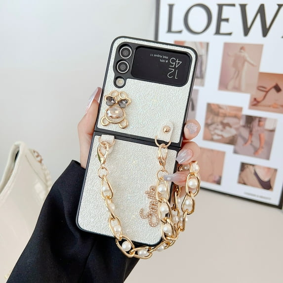 for Samsung Galaxy Z Flip 3 5G Bling Case with Hand Chain Wrist Strap Bracelet for Girls Women, Sparkle Rhinestone Pearl Crystal Glitter Diamond Shockproof Phone Cover for Galaxy Z Flip 3, White
