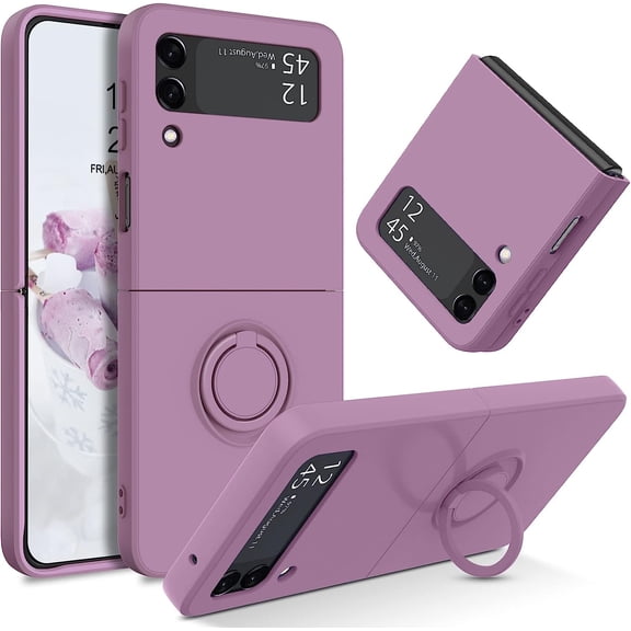 Samsung Galaxy Z Flip 3 5G Case Liquid Silicone Soft Gel Rubber Slim Cover with Ring Kickstand Shockproof Full Body Protective Phone Case for Samsung Z Flip 3 2021, Lilac Purple