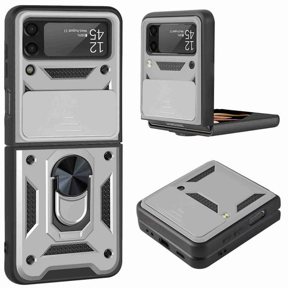for Samsung Galaxy Z Flip 3 5G Case, with Ring Kickstand and Camera Protection,Heavy Duty Protective Shockproof Protective Rubber PC Phone Back Cover for Samsung Galaxy Z Flip 3 5G, Silver