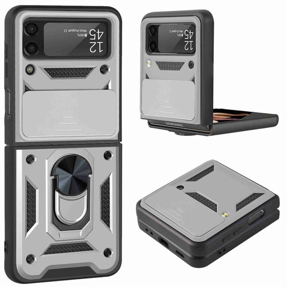 for Samsung Galaxy Z Flip 3 5G Case, with Ring Kickstand and Camera Protection,Heavy Duty Protective Shockproof Protective Rubber PC Phone Back Cover for Samsung Galaxy Z Flip 3 5G, Silver