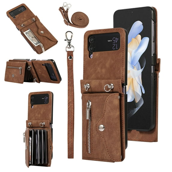 for Samsung Galaxy Z Flip 3 5G Case Wallet for Men Women, Removable Adjustable Shoulder Strap & Lanyard Flip PU Leather Slim Back Zipper Purse Magnetic Clasp Case with Card Slot Holder Stand - Brown