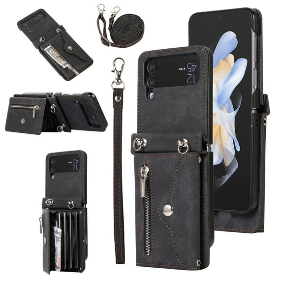 for Samsung Galaxy Z Flip 3 5G Case Wallet for Men Women, Removable Adjustable Shoulder Strap & Lanyard Flip PU Leather Slim Back Zipper Purse Magnetic Clasp Case with Card Slot Holder Stand - Black