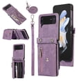 thumbnail image 1 of for Samsung Galaxy Z Flip 3 5G Case with Zipper Card Holders and Crossbody Strap & Short Belt for Women, RFID Blocking PU Leather Button Flip Shockproof Wallet Case Cover - Purple, 1 of 10