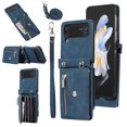 thumbnail image 1 of for Samsung Galaxy Z Flip 3 5G Case with Zipper Card Holders and Crossbody Strap & Short Belt for Women, RFID Blocking PU Leather Button Flip Shockproof Wallet Case Cover - Blue, 1 of 10