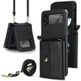 thumbnail image 1 of For Samsung Galaxy Z Flip 3 5G PU Leather Case, Stylish Crossbody Strap Wristband Card Slots Magnetic Snap RFID Blocking Drop Protective Rugged Case for Samsung Galaxy Z Flip 3 5G, Black, 1 of 7