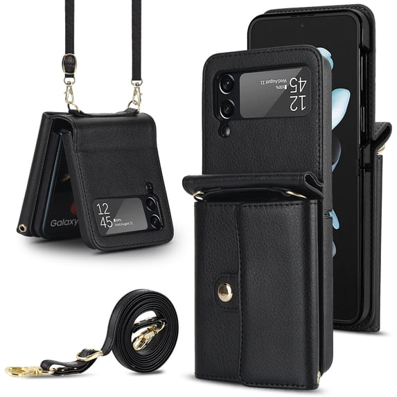 For Samsung Galaxy Z Flip 3 5G PU Leather Case, Stylish Crossbody Strap Wristband Card Slots Magnetic Snap RFID Blocking Drop Protective Rugged Case for Samsung Galaxy Z Flip 3 5G, Black