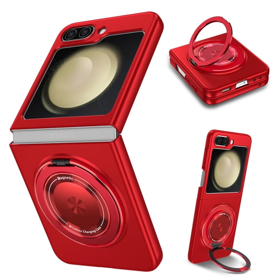 for Samsung Galaxy Z Flip 3 5G Phone Case, Magnetic 360 Rotating Ring Kickstand Frosted Hard PC Case with Wireless Charging Compatibility for Samsung Galaxy Z Flip 3 5G, Red