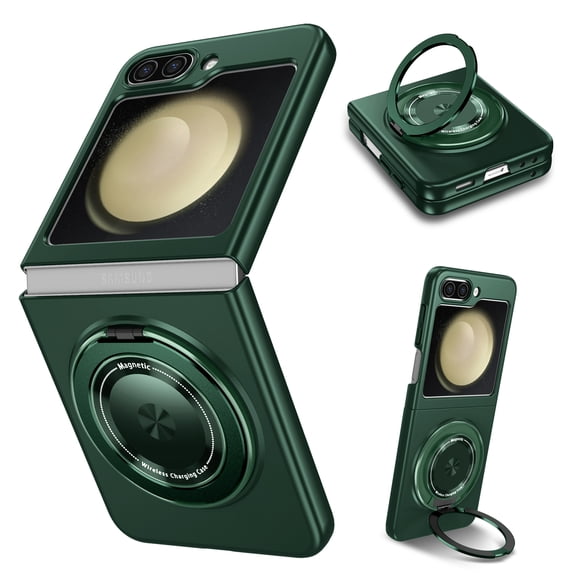 for Samsung Galaxy Z Flip 3 5G Phone Case, Magnetic 360 Rotating Ring Kickstand Frosted Hard PC Case with Wireless Charging Compatibility for Samsung Galaxy Z Flip 3 5G, Darkgreen
