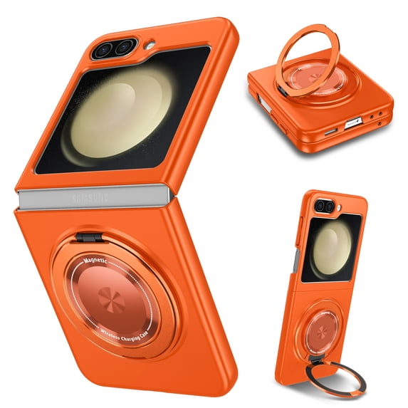 for Samsung Galaxy Z Flip 3 5G Phone Case, Magnetic 360 Rotating Ring Kickstand Frosted Hard PC Case with Wireless Charging Compatibility for Samsung Galaxy Z Flip 3 5G, Orange