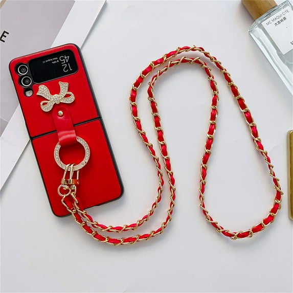 for Samsung Galaxy Z Flip 3 5G Ring Holder Case with Crossbody Lanyard Luxury 3D Sparkle Crystal Diamond Bling Glitter Cute Slim Leather Phone Case for Galaxy Z Flip 3 Women Girls, Red