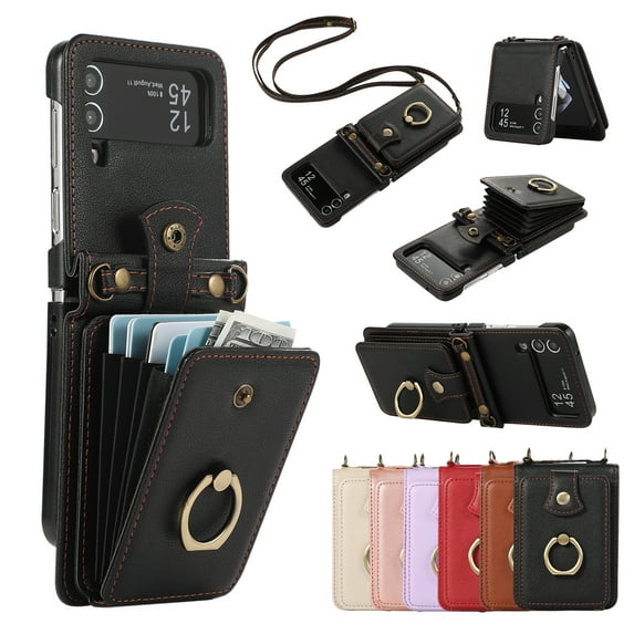 for Samsung Galaxy Z Flip 3 5G Wallet Case with Card Holder, PU Leather Case with Ring Holder Kickstand, Snap Button Card Slots Case for Women Men for Z Flip 3 5G with Crossbody Strap - Black