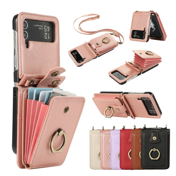 for Samsung Galaxy Z Flip 3 5G Wallet Case with Card Holder, PU Leather Case with Ring Holder Kickstand, Snap Button Card Slots Case for Women Men for Z Flip 3 5G with Crossbody Strap - Rosegold